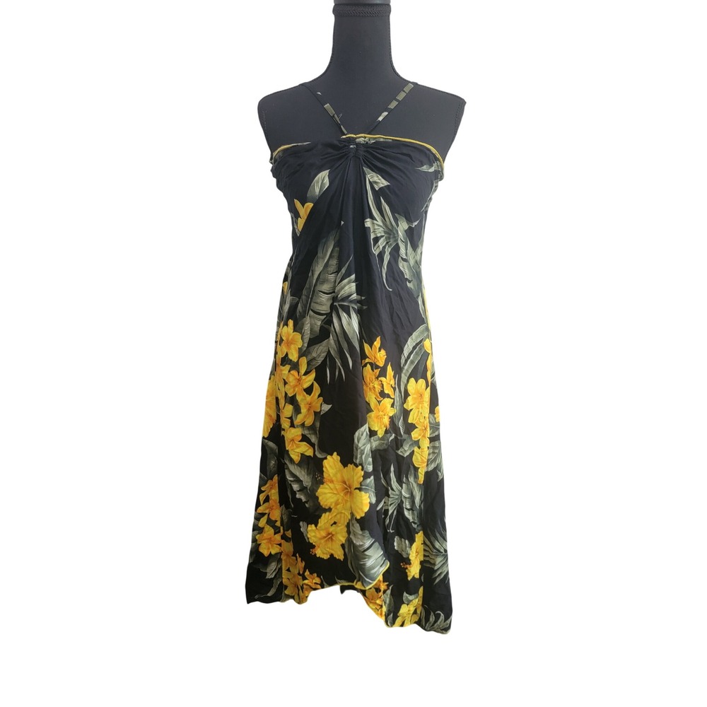 Havali Hawaii Floral Hibiscus Midi Dress XL Black Yellow Tropical Smocked Rayon